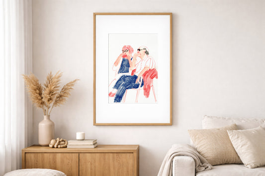 Couple Art Print – Minimalist Figurative Drawing, Seated Couple with Sunglasses, Modern Line Poster, Scandinavian Style, Gouache & Pastel Giclée