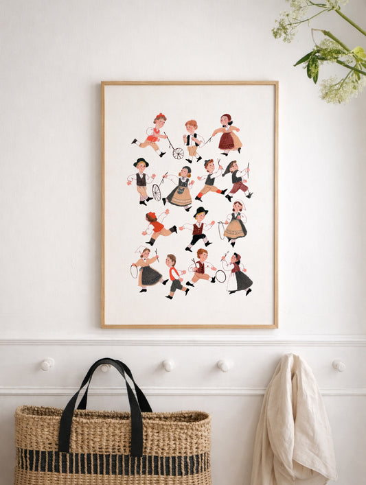 Kids Playing Art Print, Vintage Hoop & Stick Game, Nursery Wall Art, Folk Costume Children Poster, Playroom Decor, Gouache and Pastels