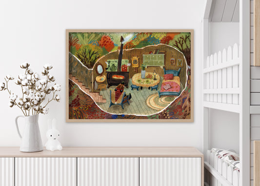Woodland Cottage Art Print – Cozy Underground Burrow Interior, Forest Home Illustration, Storybook Wall Art, Gouache & Pastel Giclée