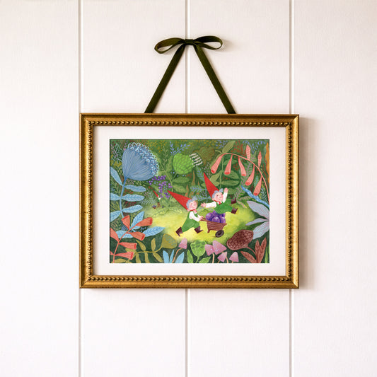 Gnome Forest Art Print – FairyTale Woodland Illustration, Red Hat Gnomes with Berries, Nursery & Kids Room Wall Art, Giclée