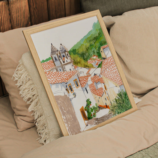 Mediterranean Village Wall Art – Castelo Portugal Illustration Print – Gouache Architecture Poster – Travel Home Decor