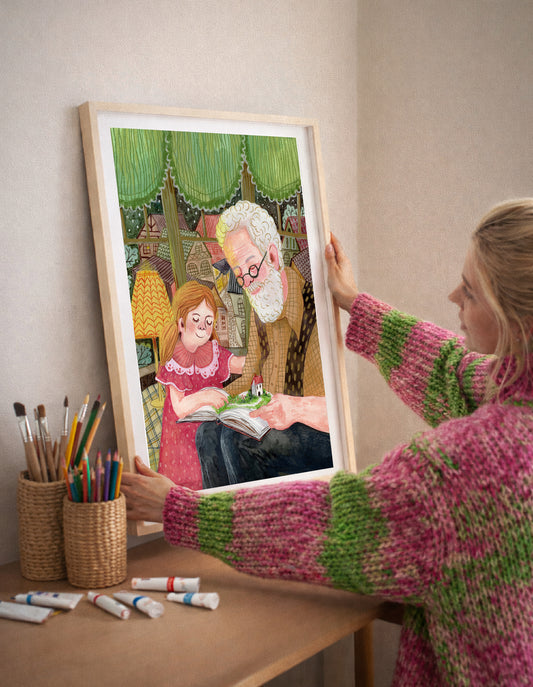 Grandpa Reading Art Print - Grandfather and Granddaughter Storytime, Family Illustration, Nursery & Reading Nook Wall Art, Giclée print