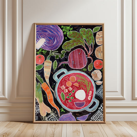 Ukrainian Borscht Art Print – Folk Food Illustration, Kitchen Wall Art, Gouache & Pastel Poster, Slavic Cooking Decor