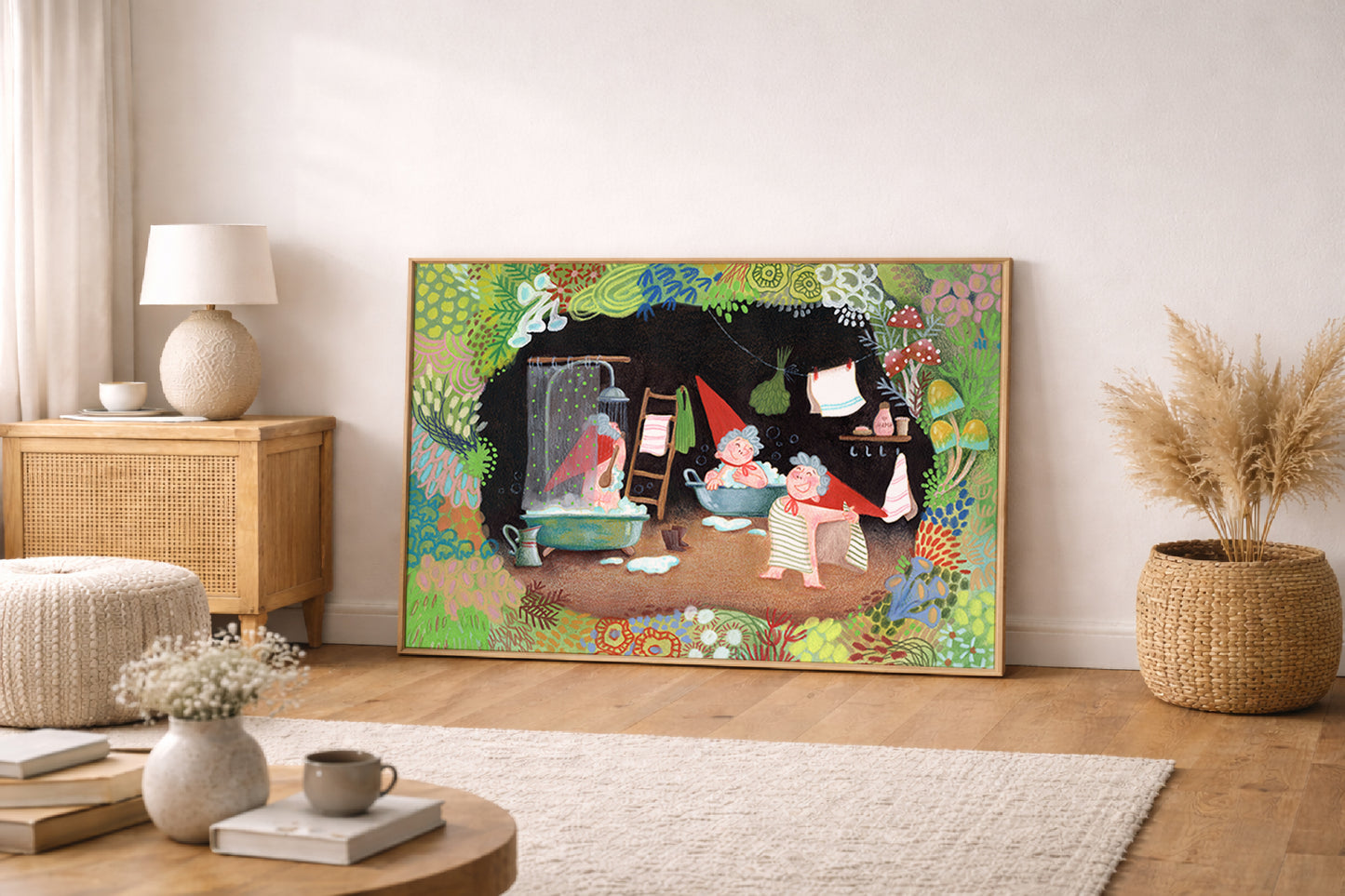 Gnome Bath Time Art Print, Fairy-Tale Woodland Poster, Storybook Illustration, Nursery Wall Art, Gouache & Pastel Giclée