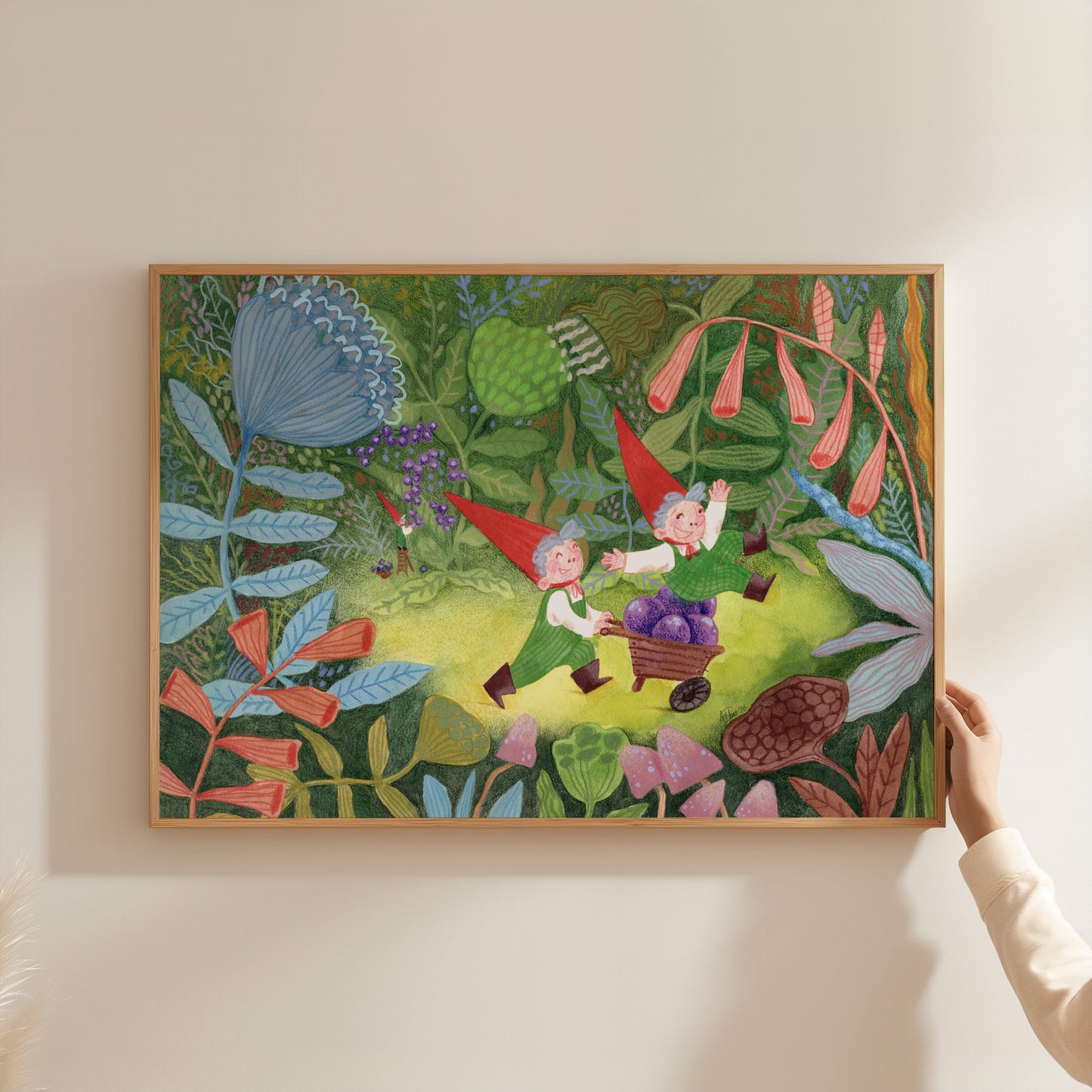 Gnome Forest Art Print – FairyTale Woodland Illustration, Red Hat Gnomes with Berries, Nursery & Kids Room Wall Art, Giclée