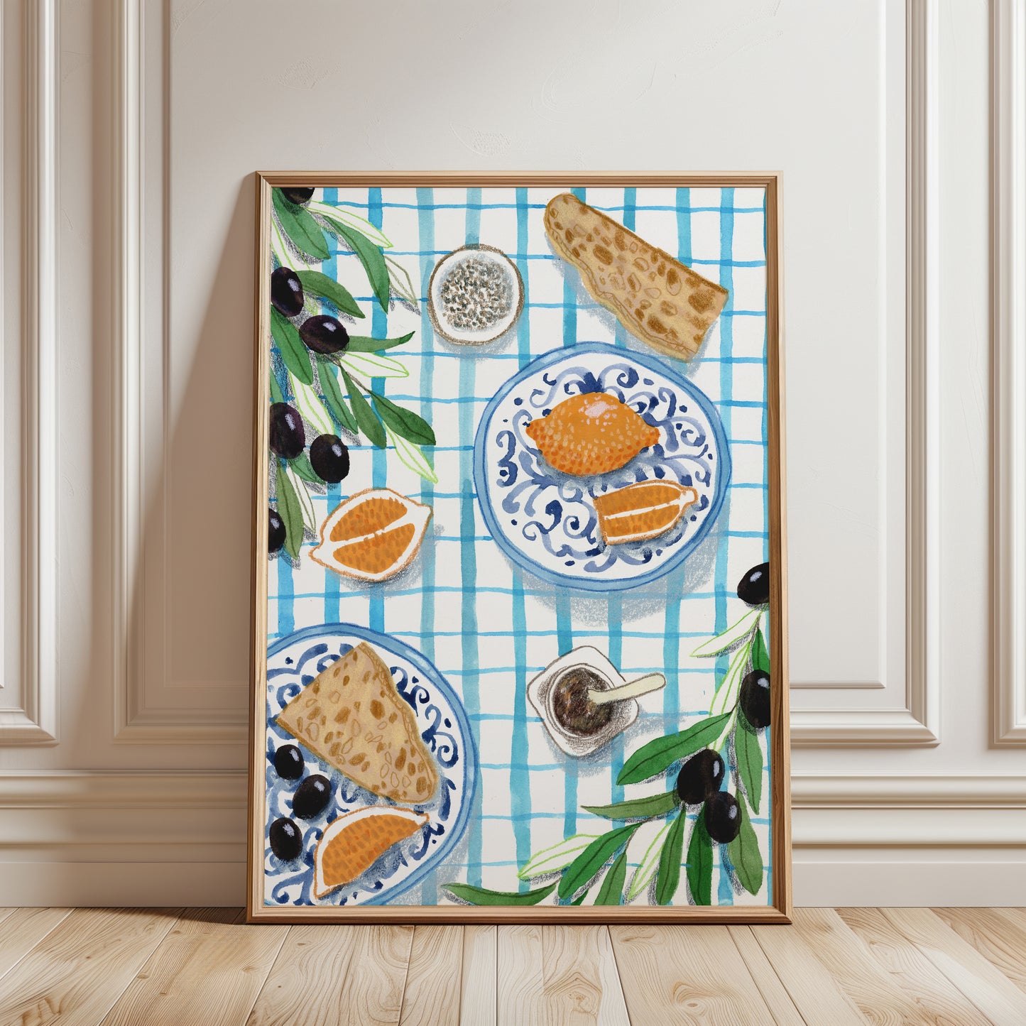 Mediterranean Breakfast Art Print: Olives, Bread, Gouache Kitchen Decor