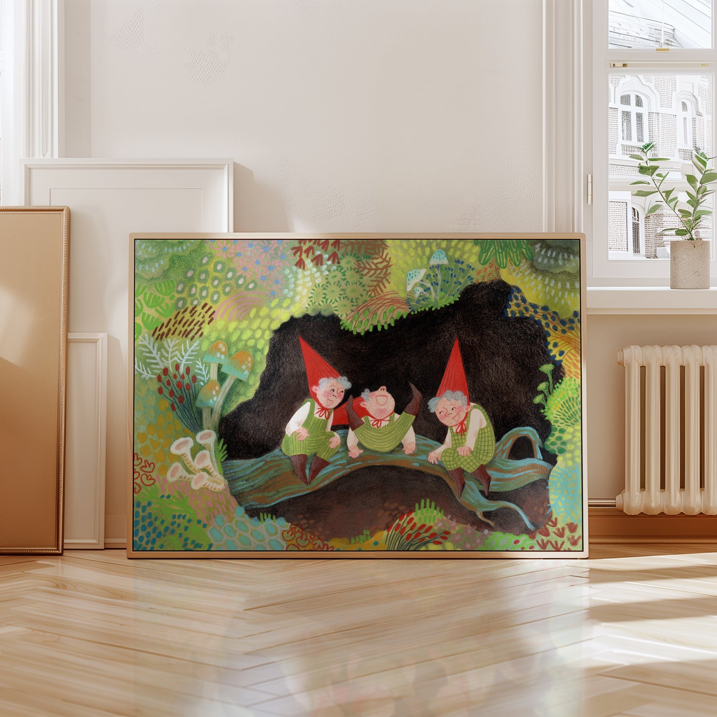 Whimsical Gnome Art Print – Fairy Tale Woodland Poster, Storybook Illustration, Forest Nursery Wall Art, Gouache & Pastel Giclée