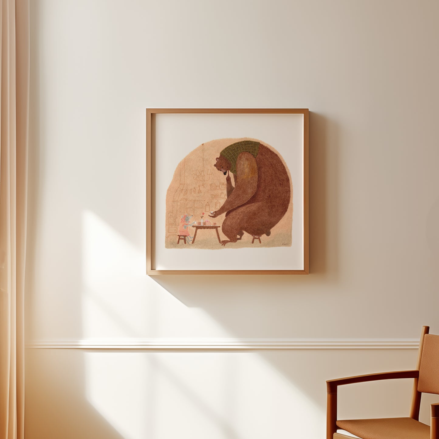 Bear & Mouse Tea Art Print, Cozy Storybook Illustration, Nursery Wall Art, Signed Artist Reproduction, Oil Pastel Giclée Poster