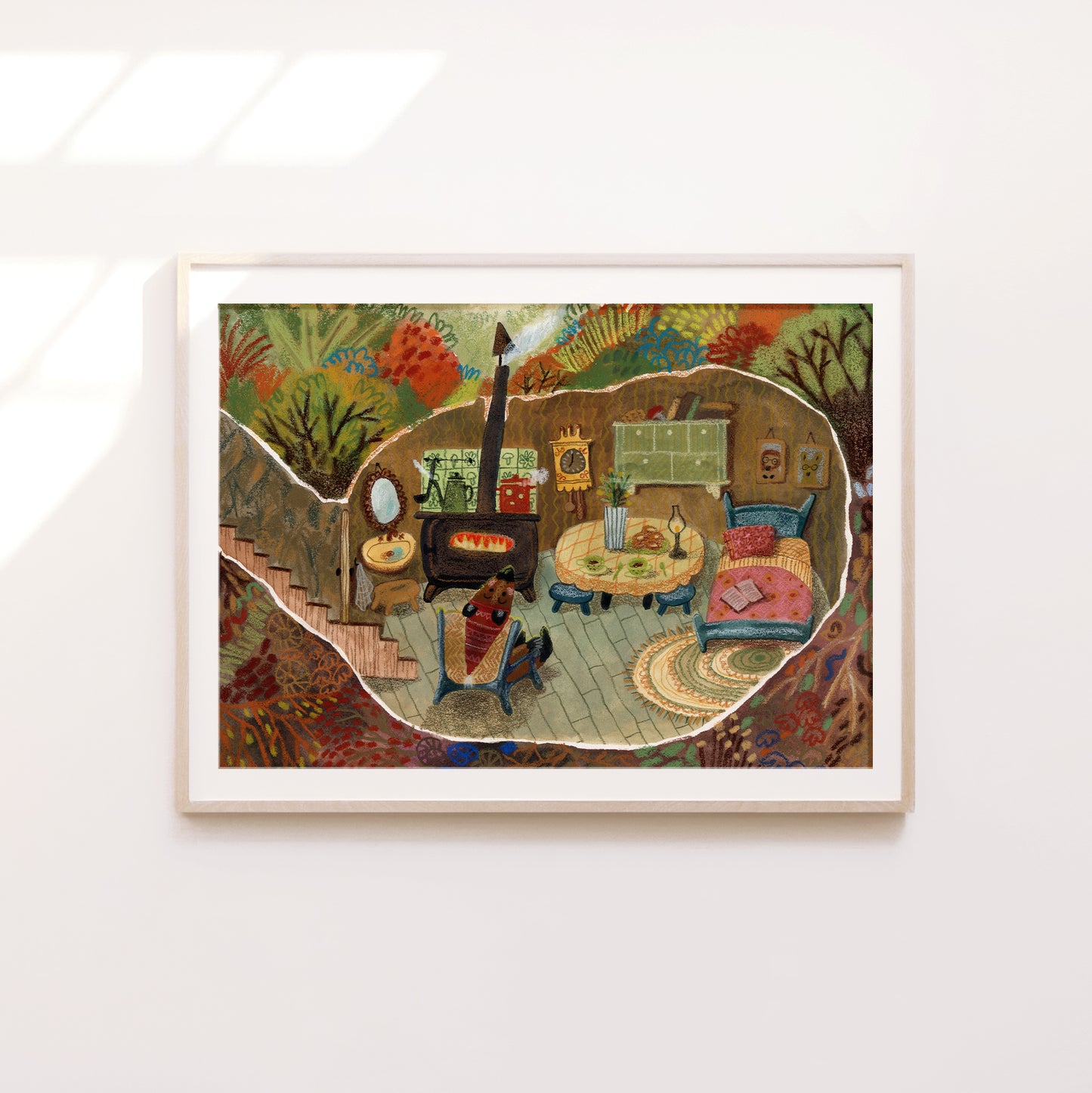 Woodland Cottage Art Print – Cozy Underground Burrow Interior, Forest Home Illustration, Storybook Wall Art, Gouache & Pastel Giclée