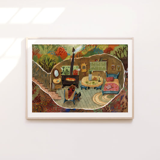 Woodland Cottage Art Print – Cozy Underground Burrow Interior, Forest Home Illustration, Storybook Wall Art, Gouache & Pastel Giclée