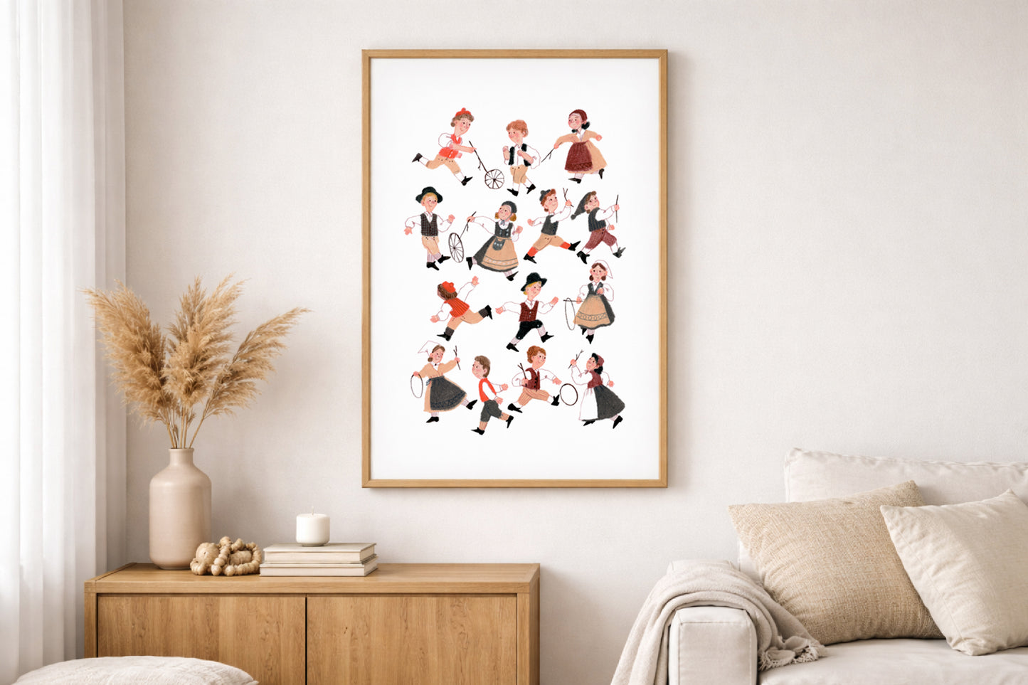 Kids Playing Art Print, Vintage Hoop & Stick Game, Nursery Wall Art, Folk Costume Children Poster, Playroom Decor, Gouache and Pastels