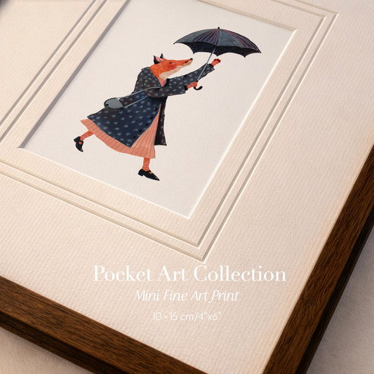 Minimalist Vintage Wall Art, Whimsical Fox Illustration, Cottagecore Rain Scene Decor, Storybook Style Mini Fine Art Print, 10x15 cm