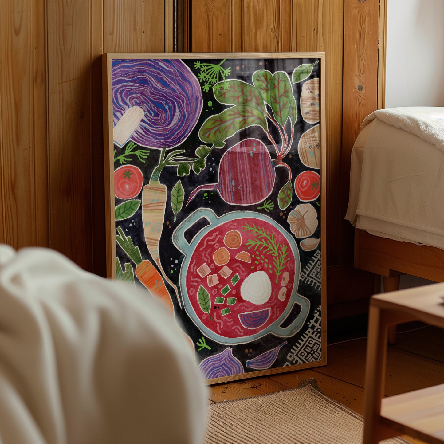 Ukrainian Borscht Art Print – Folk Food Illustration, Kitchen Wall Art, Gouache & Pastel Poster, Slavic Cooking Decor