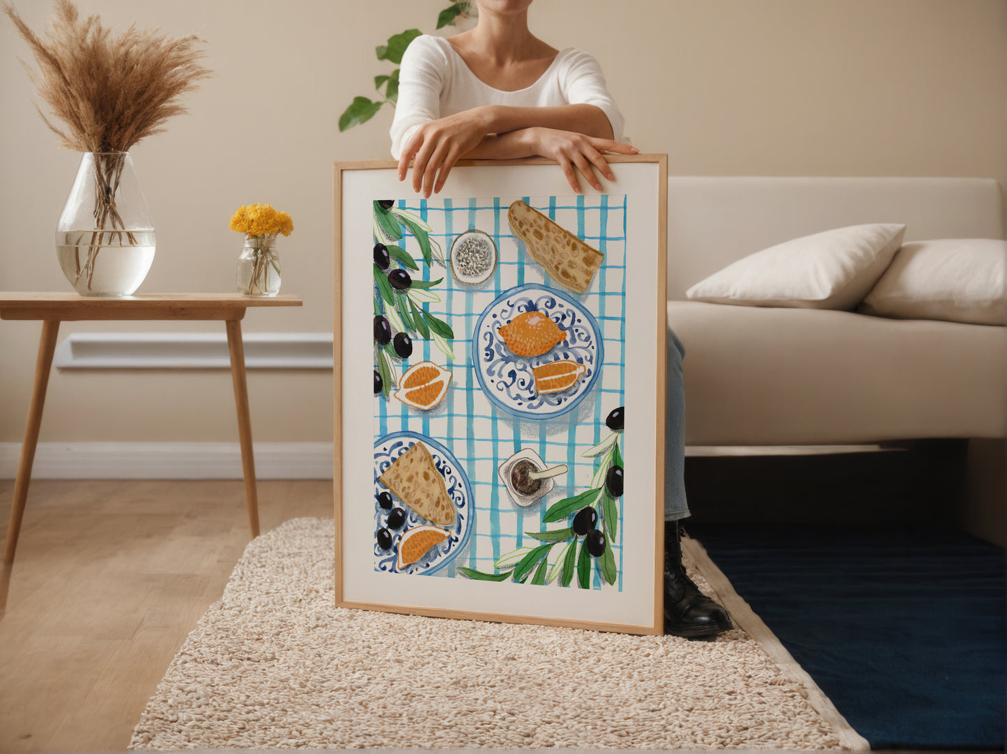 Mediterranean Breakfast Art Print: Olives, Bread, Gouache Kitchen Decor