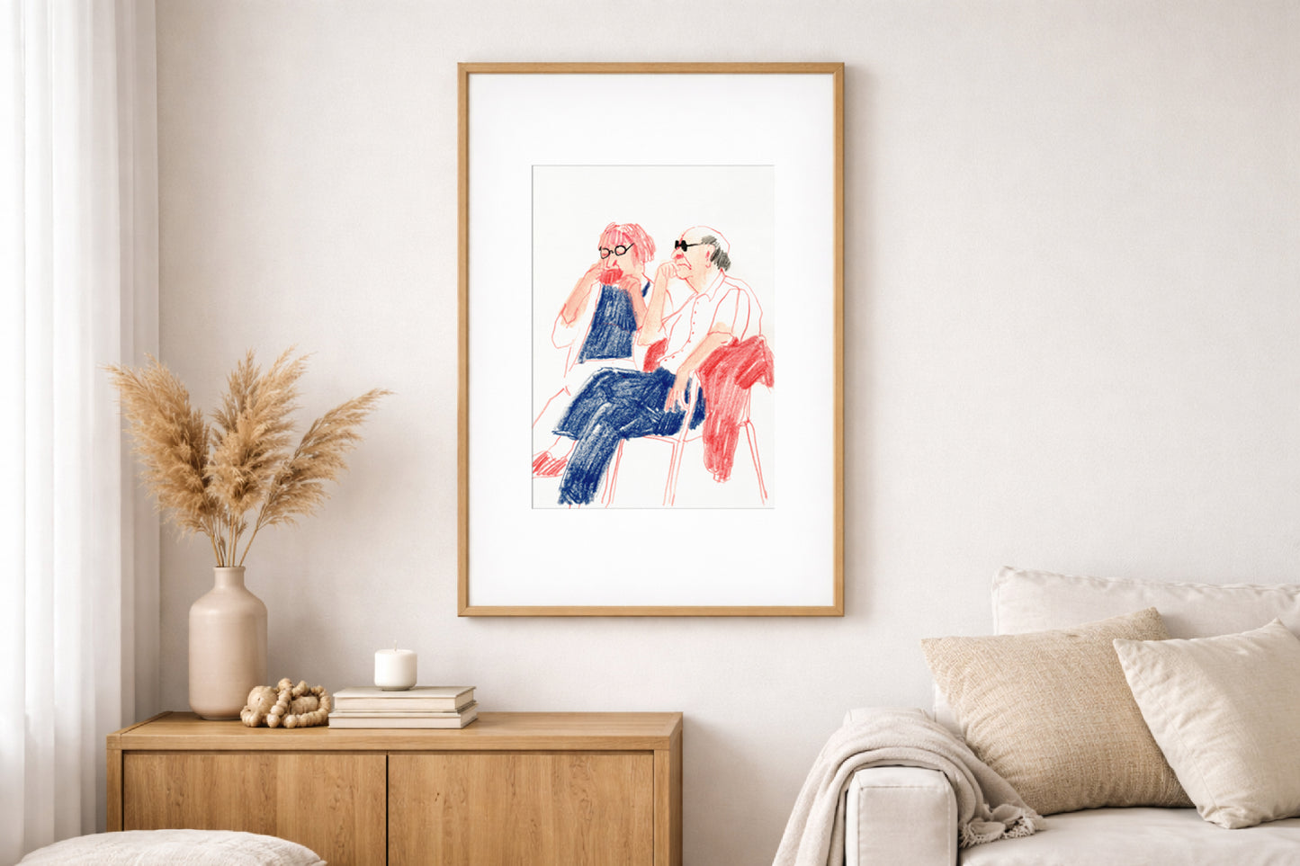 Couple Art Print – Minimalist Figurative Drawing, Seated Couple with Sunglasses, Modern Line Poster, Scandinavian Style, Gouache & Pastel Giclée