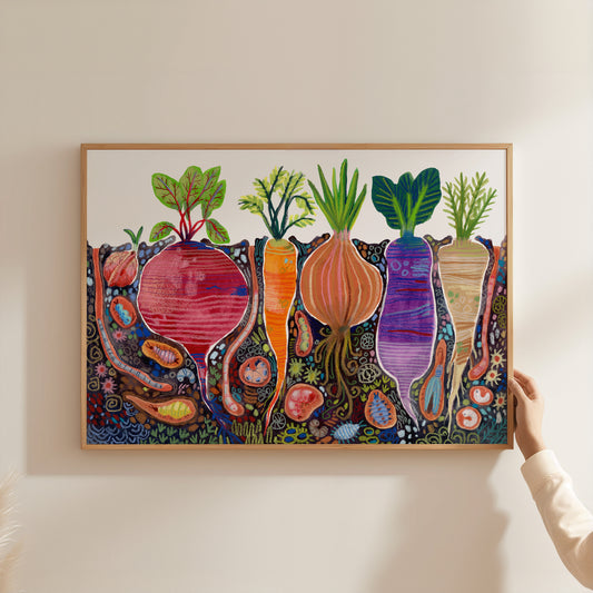 Colorful Root Vegetables Poster: Educational Farm-to-Table Nursery Print