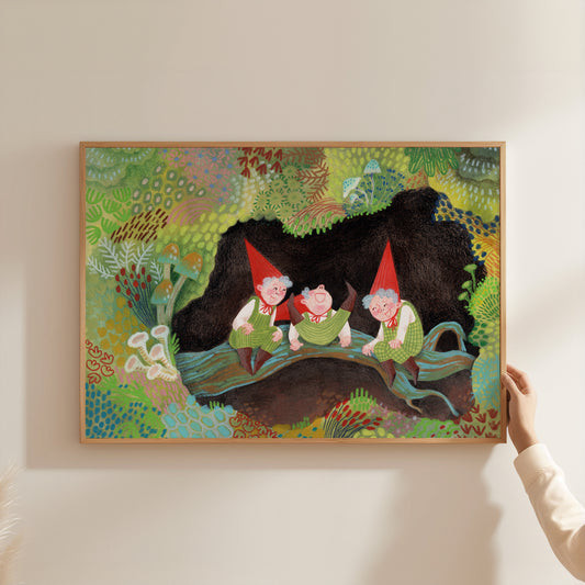 Whimsical Gnome Art Print – Fairy Tale Woodland Poster, Storybook Illustration, Forest Nursery Wall Art, Gouache & Pastel Giclée