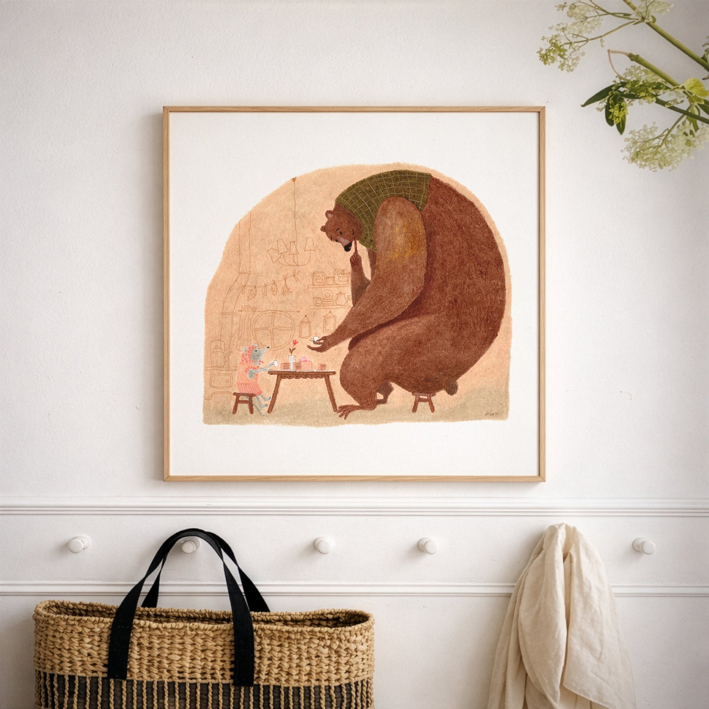 Bear & Mouse Tea Art Print, Cozy Storybook Illustration, Nursery Wall Art, Signed Artist Reproduction, Oil Pastel Giclée Poster
