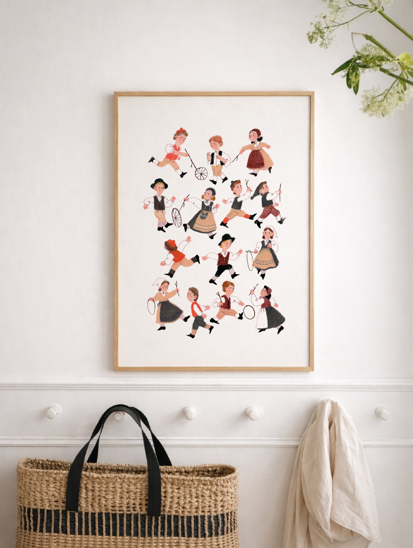 Kids Playing Art Print, Vintage Hoop & Stick Game, Nursery Wall Art, Folk Costume Children Poster, Playroom Decor, Gouache and Pastels