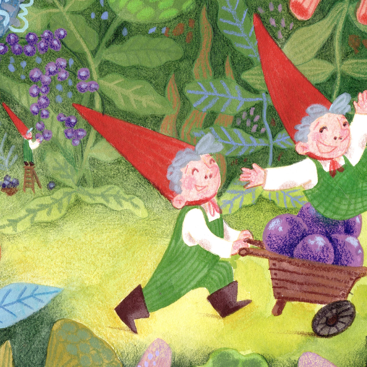 Gnome Forest Art Print – FairyTale Woodland Illustration, Red Hat Gnomes with Berries, Nursery & Kids Room Wall Art, Giclée