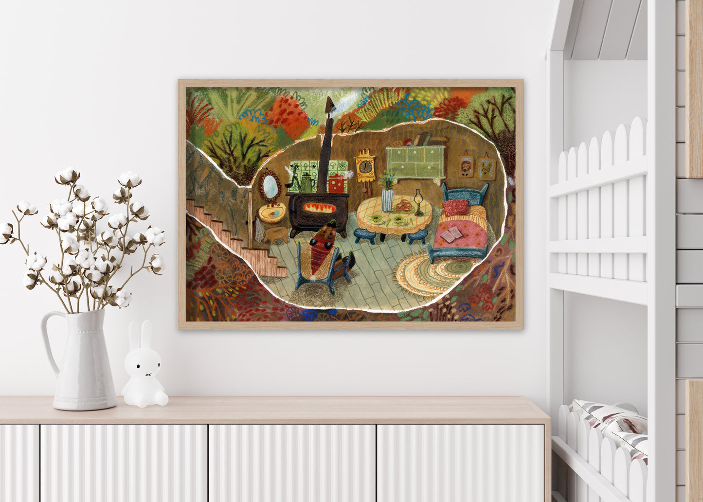 Woodland Cottage Art Print – Cozy Underground Burrow Interior, Forest Home Illustration, Storybook Wall Art, Gouache & Pastel Giclée