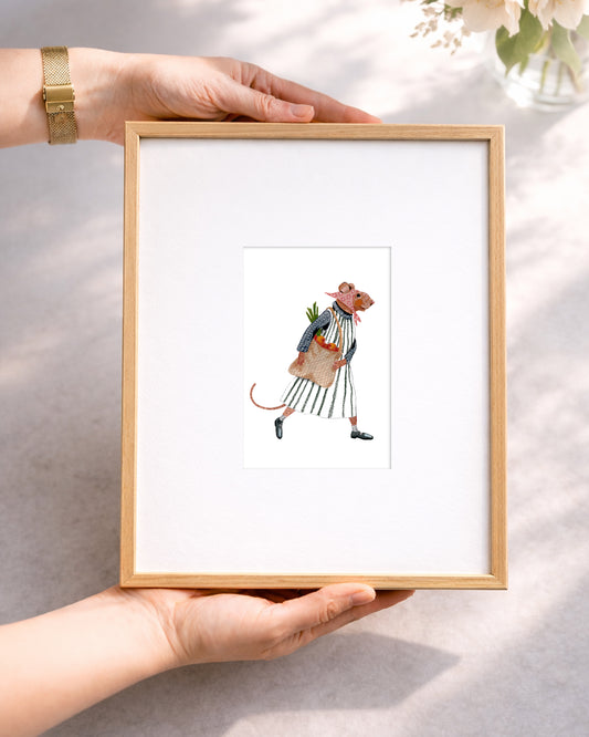 Whimsical Mouse Illustration Fine Art Print – Cottagecore, Minimalist Wall Decor (10x15 cm)