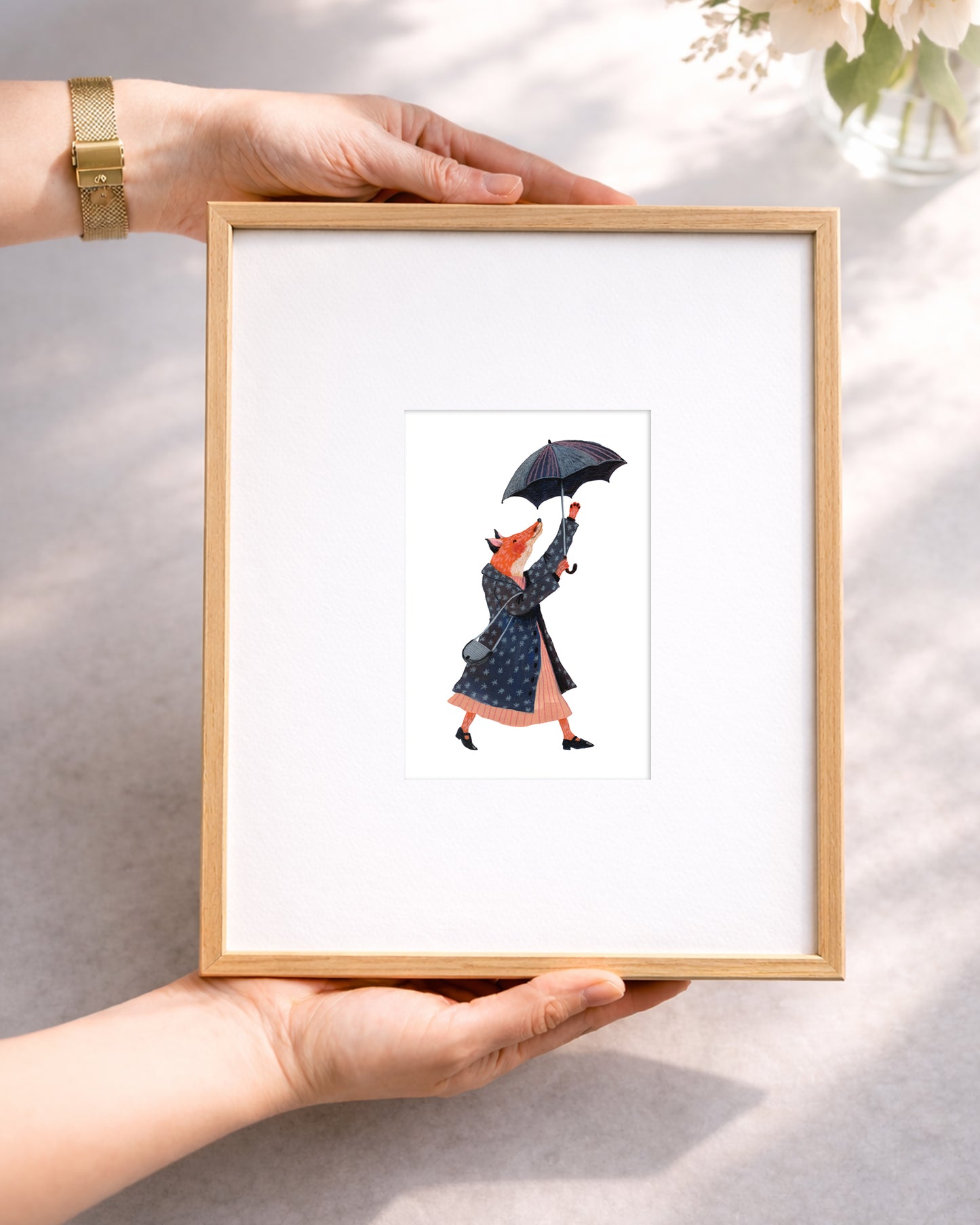 Minimalist Vintage Wall Art, Whimsical Fox Illustration, Cottagecore Rain Scene Decor, Storybook Style Mini Fine Art Print, 10x15 cm