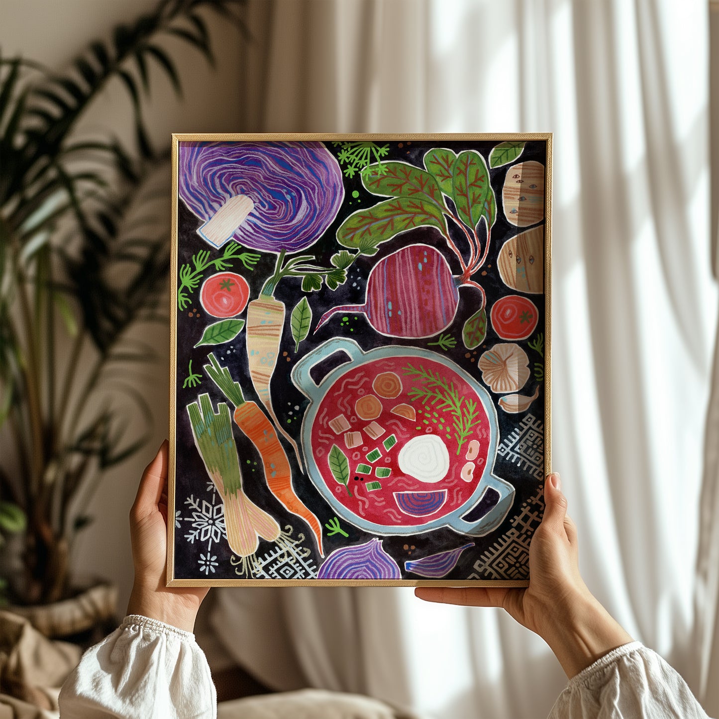 Ukrainian Borscht Art Print – Folk Food Illustration, Kitchen Wall Art, Gouache & Pastel Poster, Slavic Cooking Decor