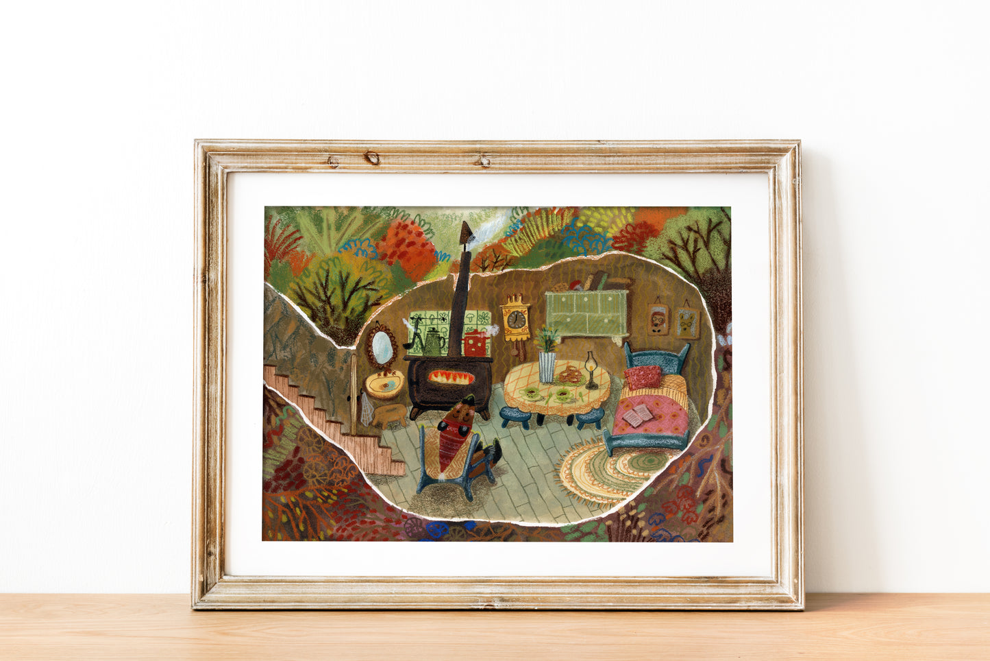 Woodland Cottage Art Print – Cozy Underground Burrow Interior, Forest Home Illustration, Storybook Wall Art, Gouache & Pastel Giclée