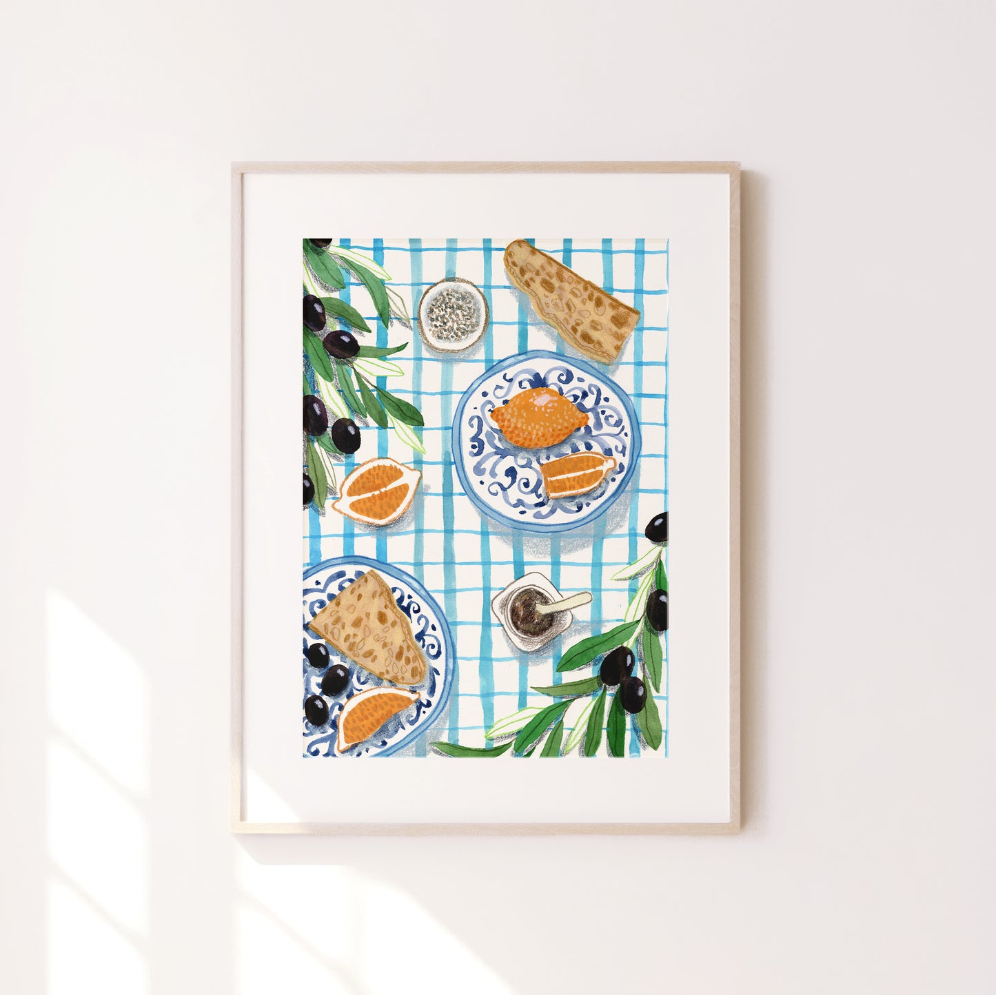 Mediterranean Breakfast Art Print: Olives, Bread, Gouache Kitchen Decor