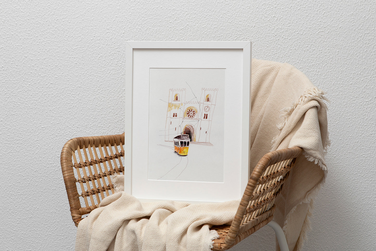 Lisbon Street Scene Print: Yellow Tram, Hand-Drawn Travel Poster