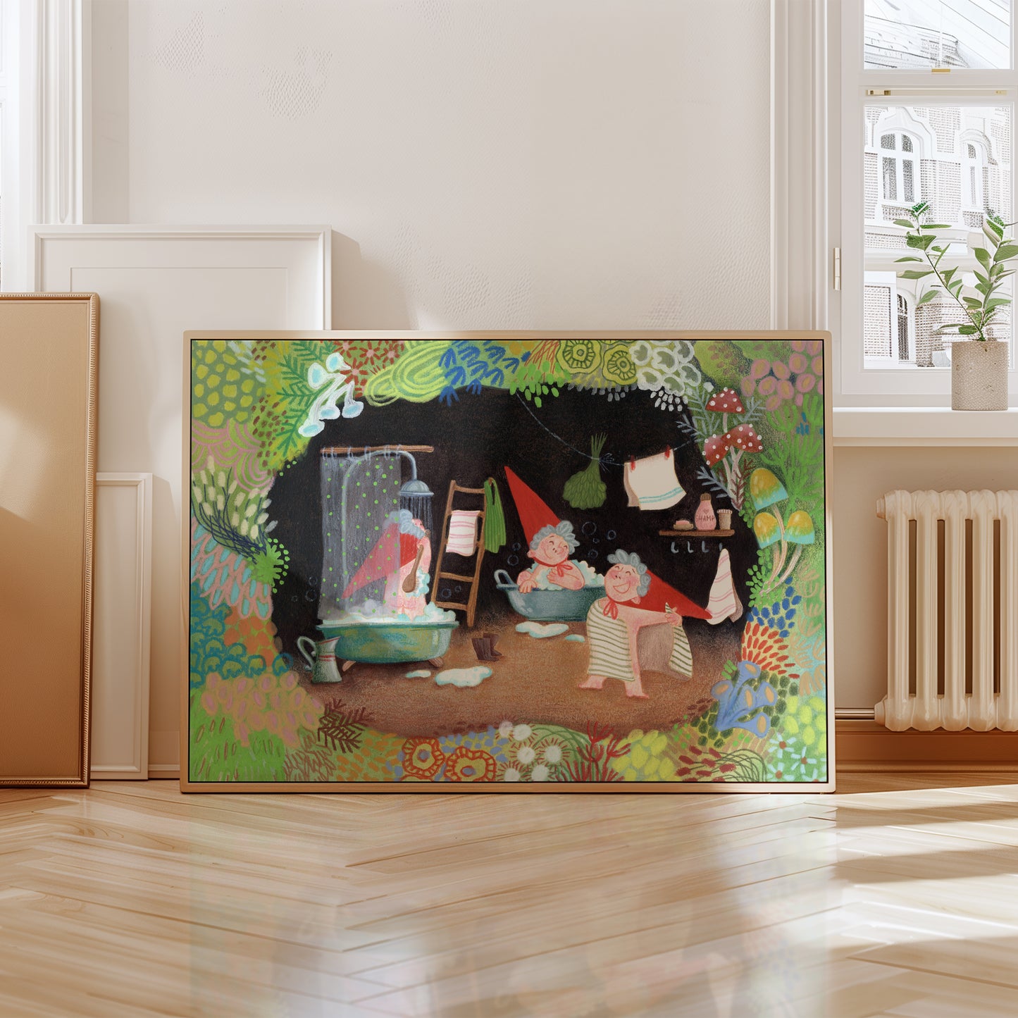 Gnome Bath Time Art Print, Fairy-Tale Woodland Poster, Storybook Illustration, Nursery Wall Art, Gouache & Pastel Giclée