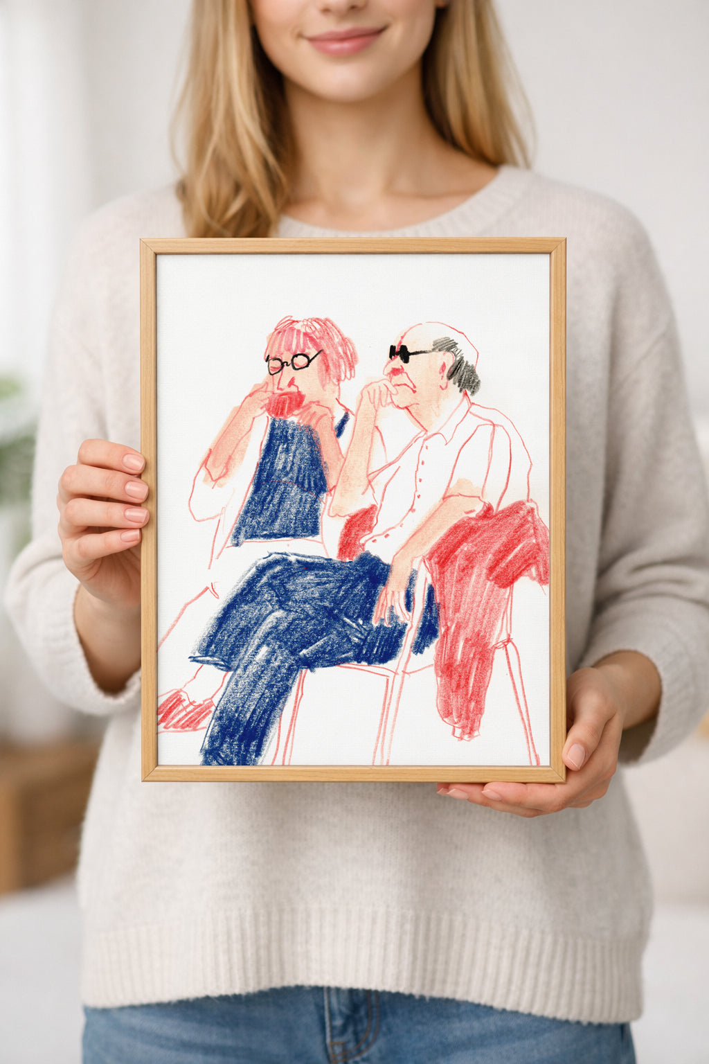 Couple Art Print – Minimalist Figurative Drawing, Seated Couple with Sunglasses, Modern Line Poster, Scandinavian Style, Gouache & Pastel Giclée