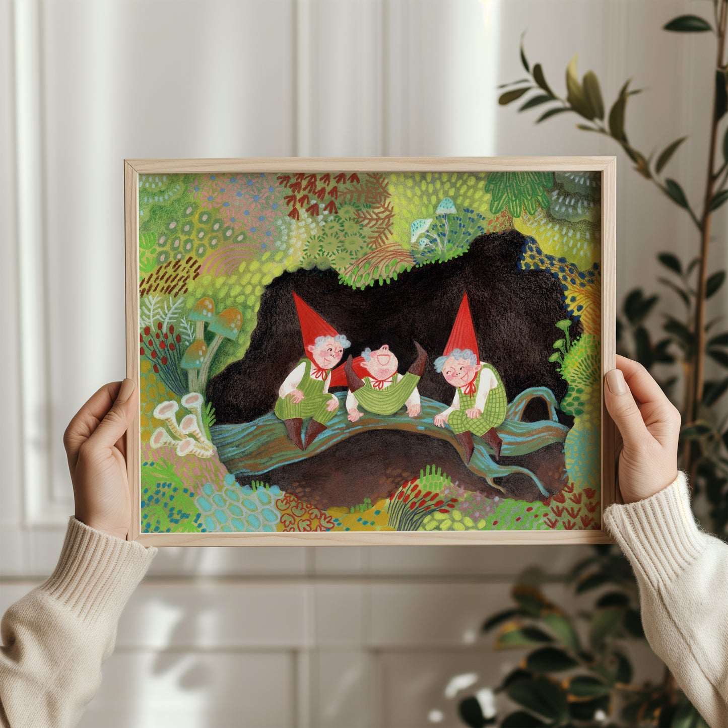 Whimsical Gnome Art Print – Fairy Tale Woodland Poster, Storybook Illustration, Forest Nursery Wall Art, Gouache & Pastel Giclée