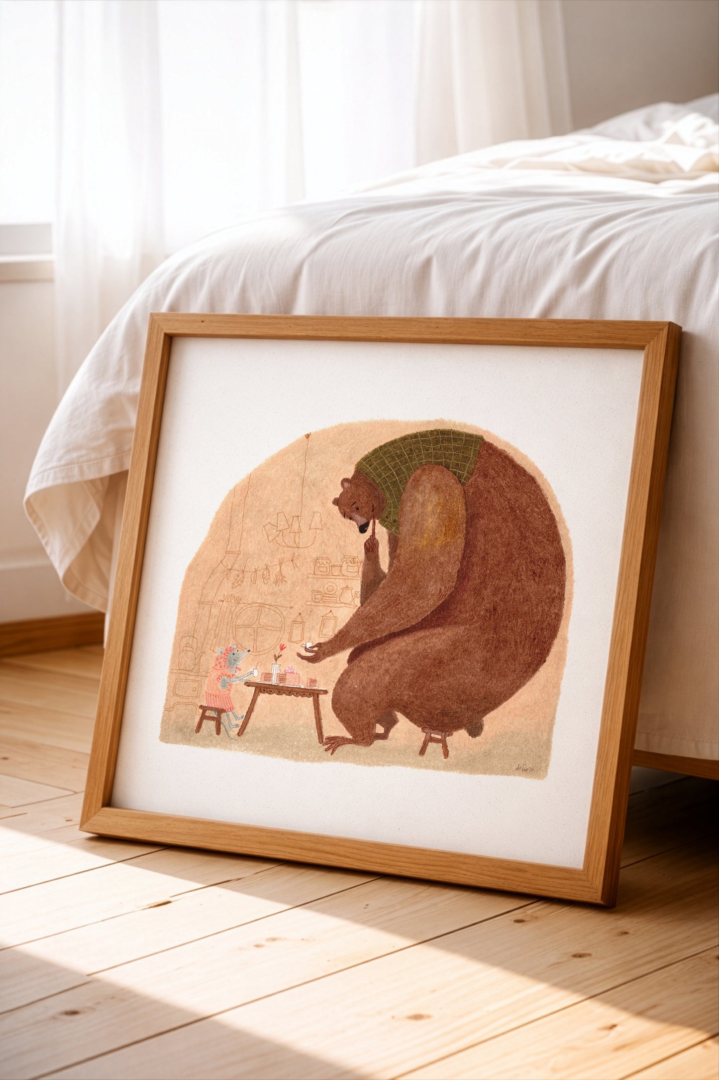 Bear & Mouse Tea Art Print, Cozy Storybook Illustration, Nursery Wall Art, Signed Artist Reproduction, Oil Pastel Giclée Poster