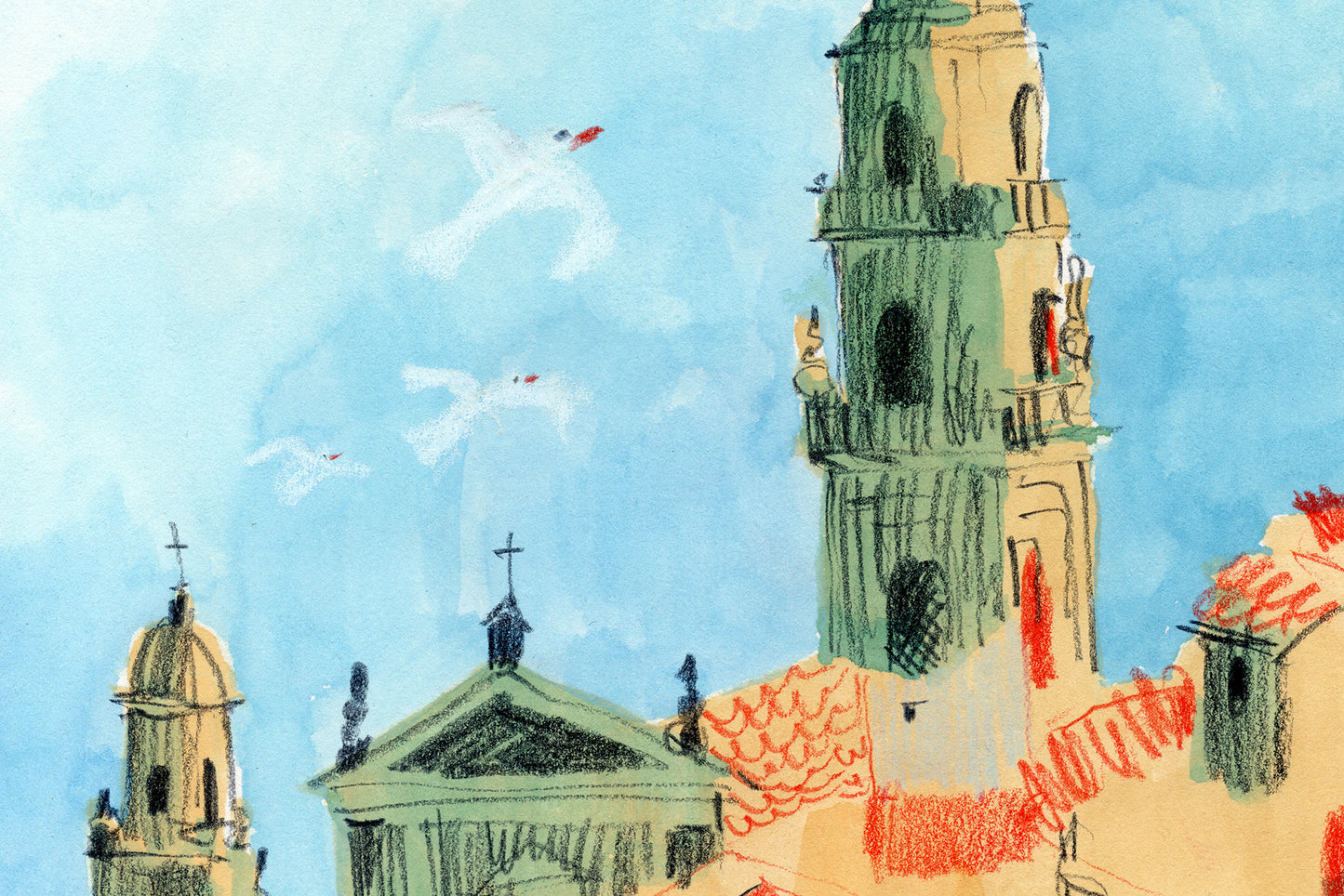 Menton Art Print, French Riviera Cityscape, Côte d’Azur Rooftops, Mediterranean Wall Art, Gouache & Pastel, Enhanced Matte Poster