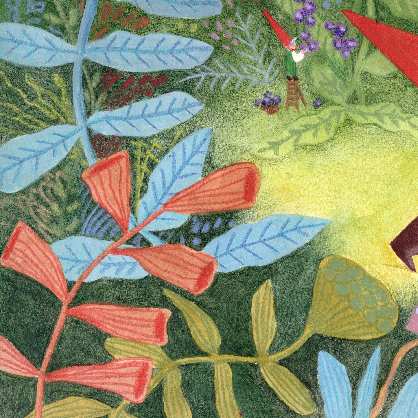 Gnome Forest Art Print – FairyTale Woodland Illustration, Red Hat Gnomes with Berries, Nursery & Kids Room Wall Art, Giclée