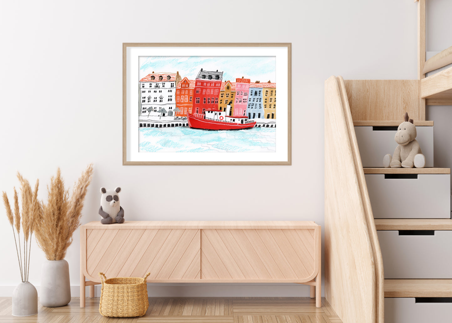 Copenhagen Nyhavn Art Print – Colorful Waterfront with Red Boat, Scandinavian Cityscape Poster, Denmark Wall Art, Gouache & Pastel Giclée