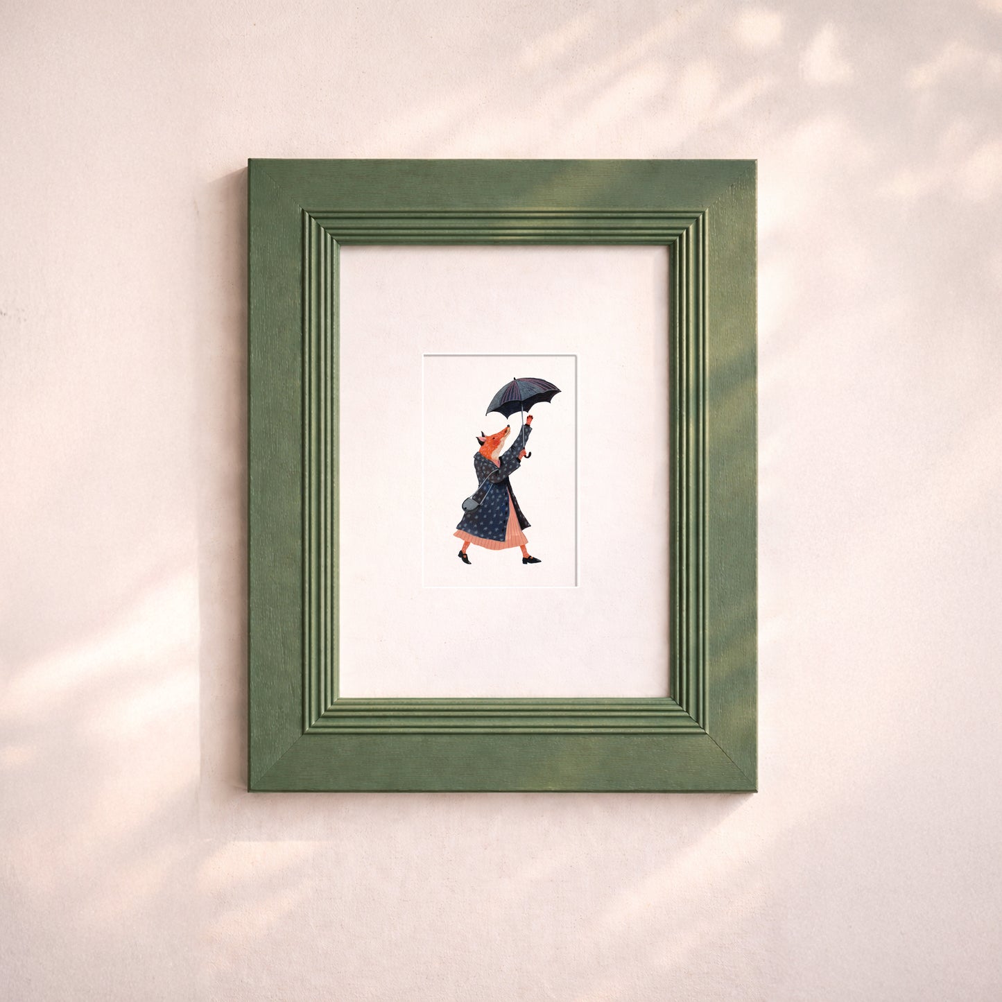 Minimalist Vintage Wall Art, Whimsical Fox Illustration, Cottagecore Rain Scene Decor, Storybook Style Mini Fine Art Print, 10x15 cm