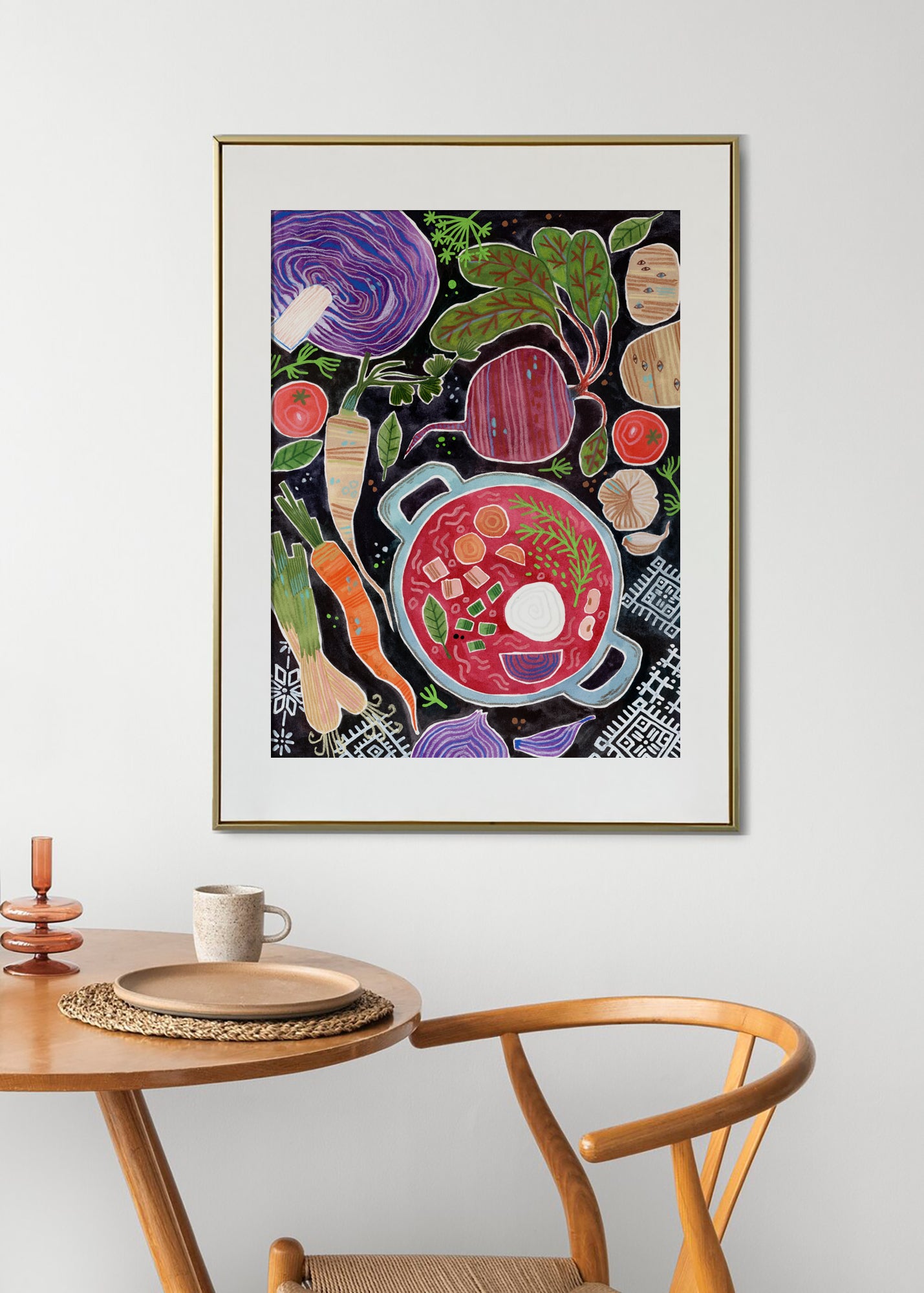 Ukrainian Borscht Art Print – Folk Food Illustration, Kitchen Wall Art, Gouache & Pastel Poster, Slavic Cooking Decor