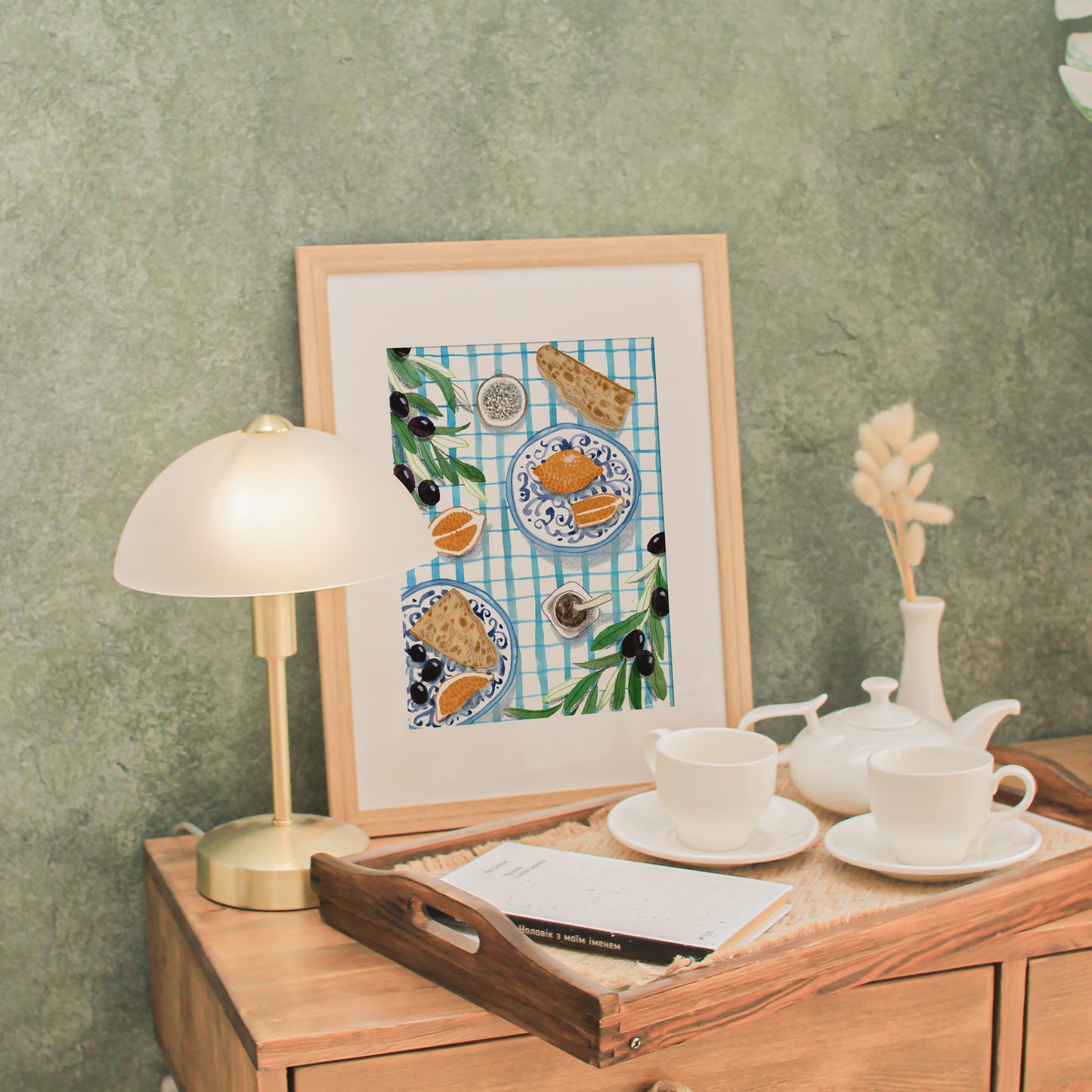 Mediterranean Breakfast Art Print: Olives, Bread, Gouache Kitchen Decor