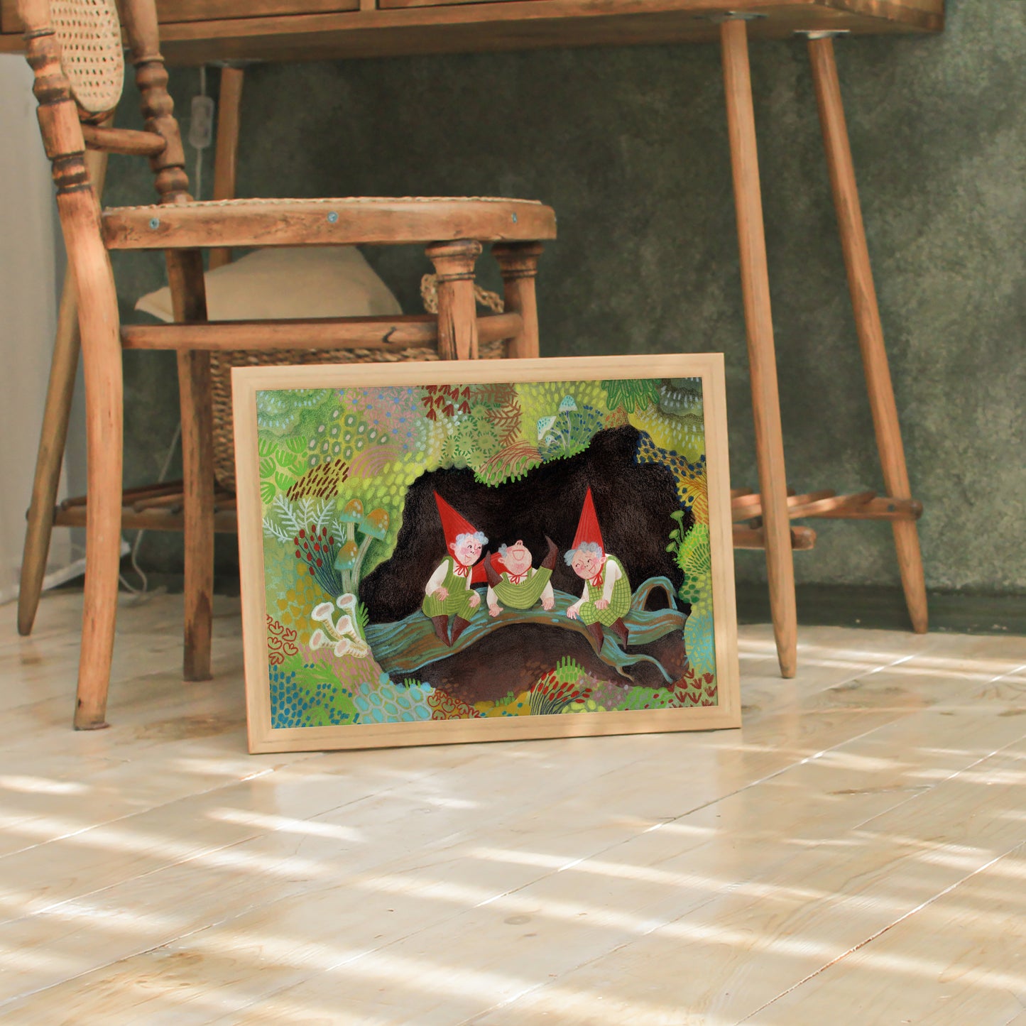 Whimsical Gnome Art Print – Fairy Tale Woodland Poster, Storybook Illustration, Forest Nursery Wall Art, Gouache & Pastel Giclée