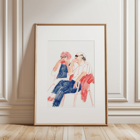 Framed artwork of two people sitting together on a wall with wooden floor.