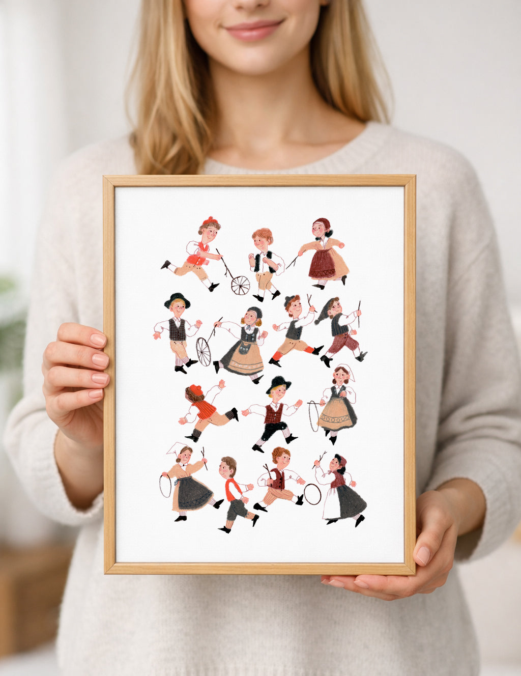 Kids Playing Art Print, Vintage Hoop & Stick Game, Nursery Wall Art, Folk Costume Children Poster, Playroom Decor, Gouache and Pastels