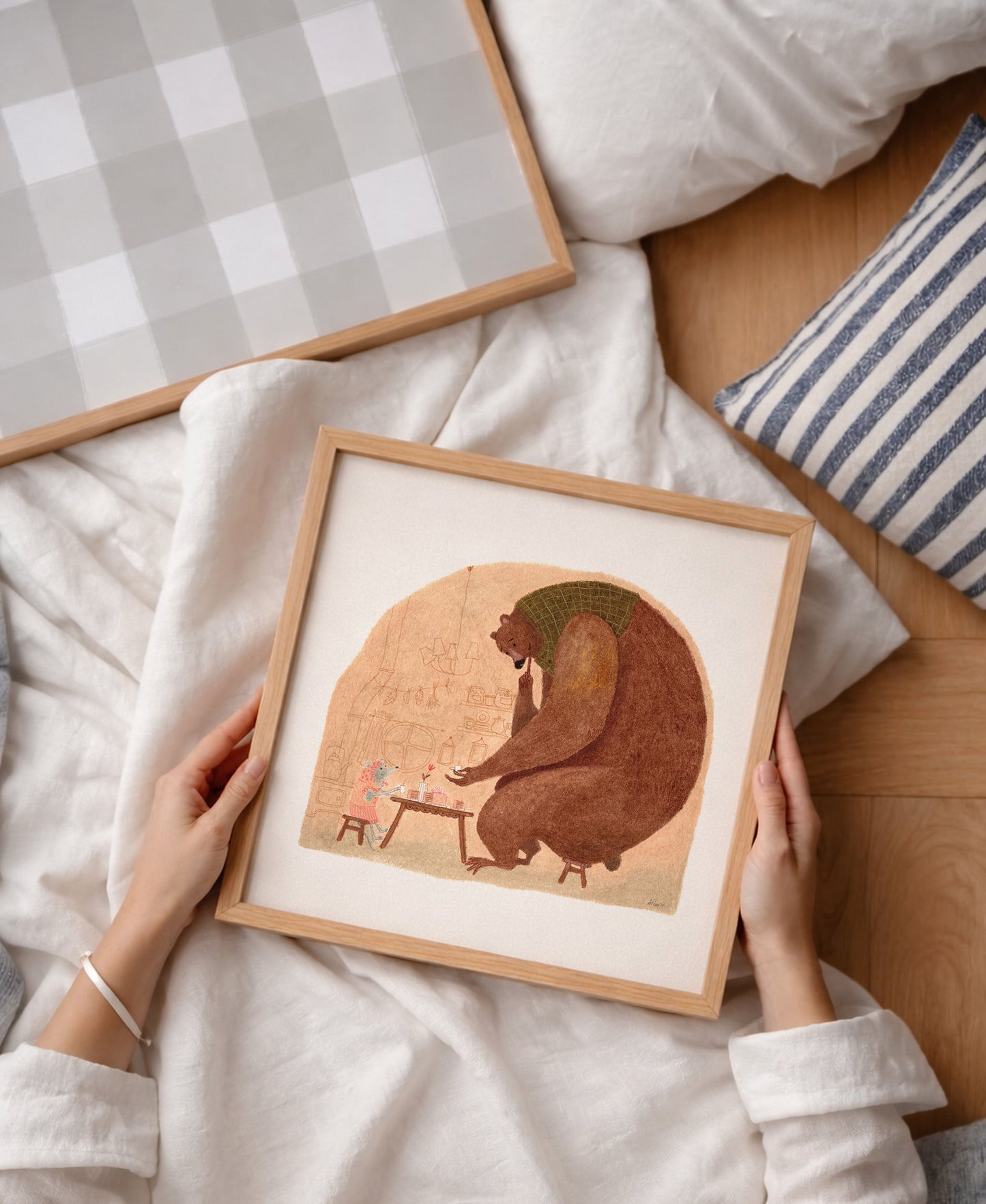 Bear & Mouse Tea Art Print, Cozy Storybook Illustration, Nursery Wall Art, Signed Artist Reproduction, Oil Pastel Giclée Poster