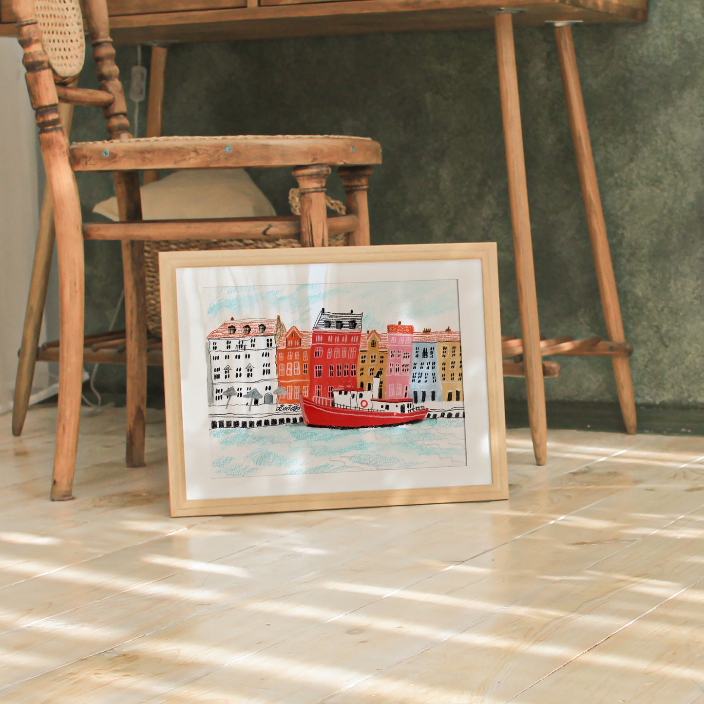 Copenhagen Nyhavn Art Print – Colorful Waterfront with Red Boat, Scandinavian Cityscape Poster, Denmark Wall Art, Gouache & Pastel Giclée