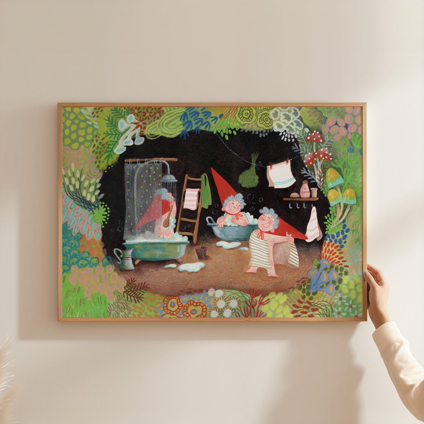 Gnome Bath Time Art Print, Fairy-Tale Woodland Poster, Storybook Illustration, Nursery Wall Art, Gouache & Pastel Giclée