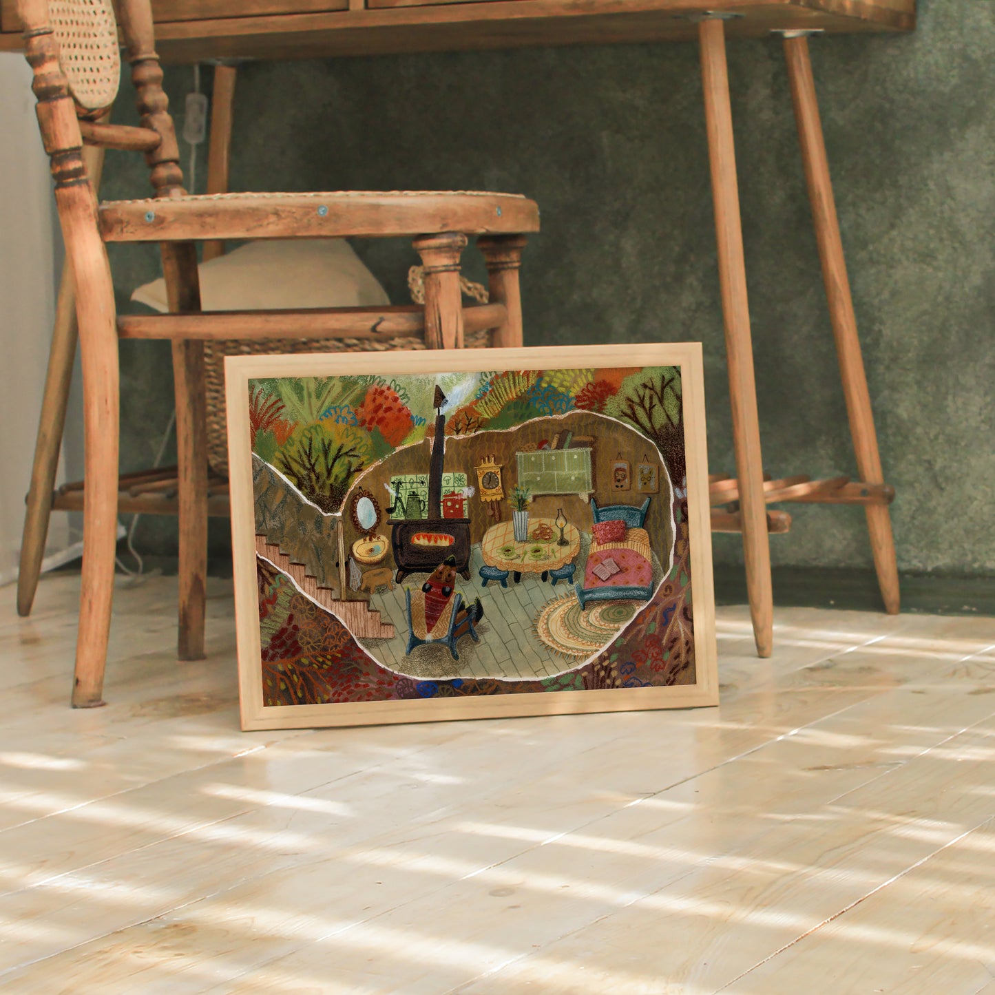 Woodland Cottage Art Print – Cozy Underground Burrow Interior, Forest Home Illustration, Storybook Wall Art, Gouache & Pastel Giclée