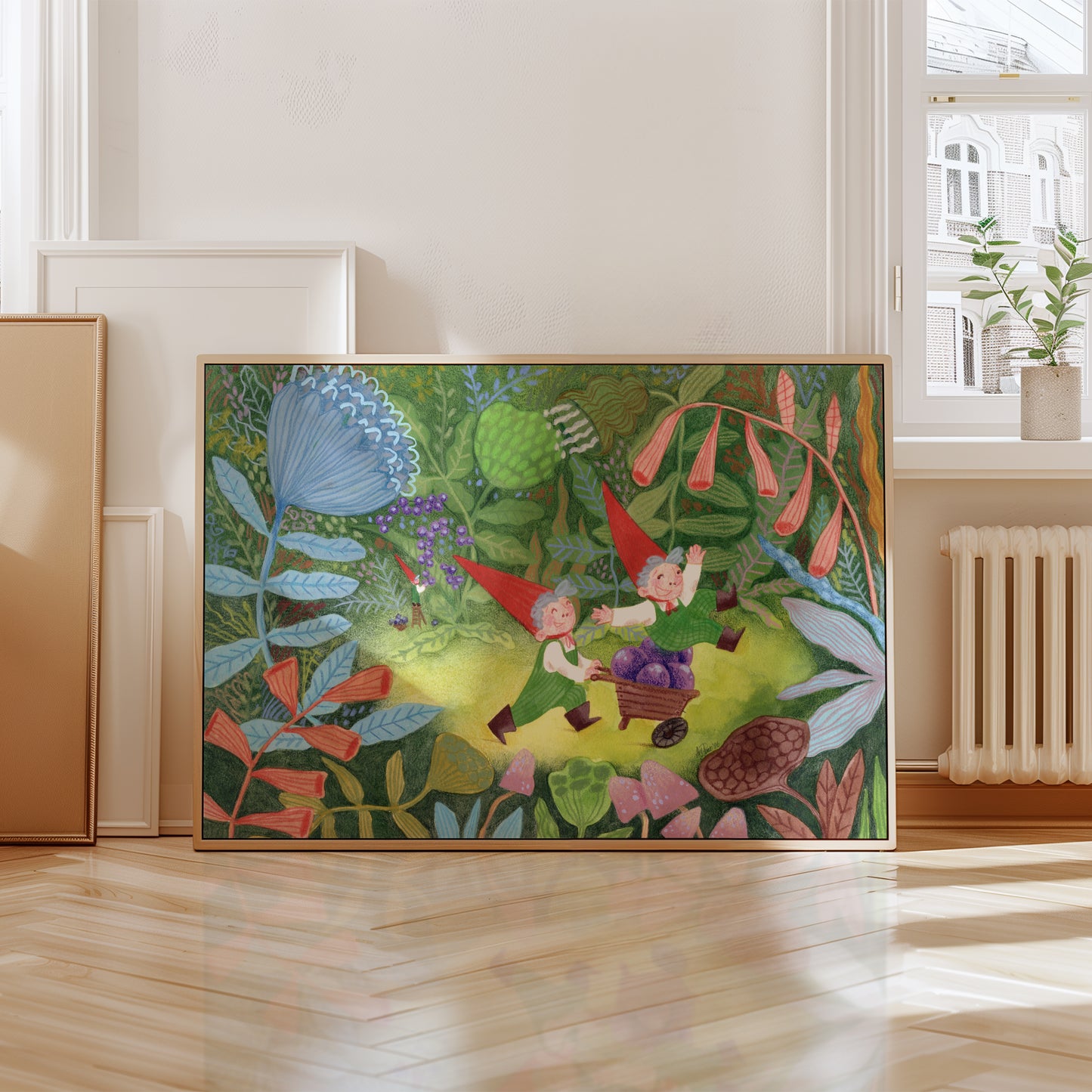 Gnome Forest Art Print – FairyTale Woodland Illustration, Red Hat Gnomes with Berries, Nursery & Kids Room Wall Art, Giclée