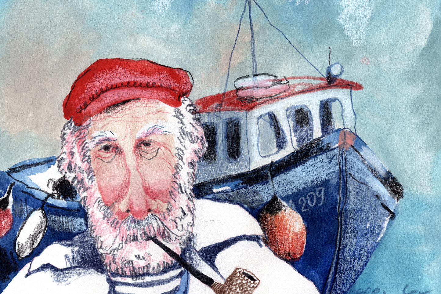 Fisherman Art Print, Nautical Sea Captain Illustration, Coastal Wall Art, Maritime Boat Poster, Gouache & Pastel Giclée, Beach House Decor